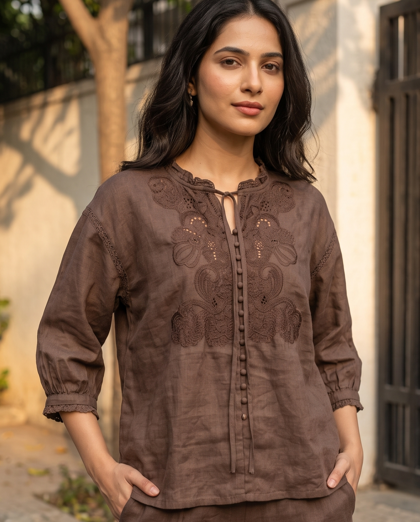Mocha Bloom European Linen Top - Cocoa Brown