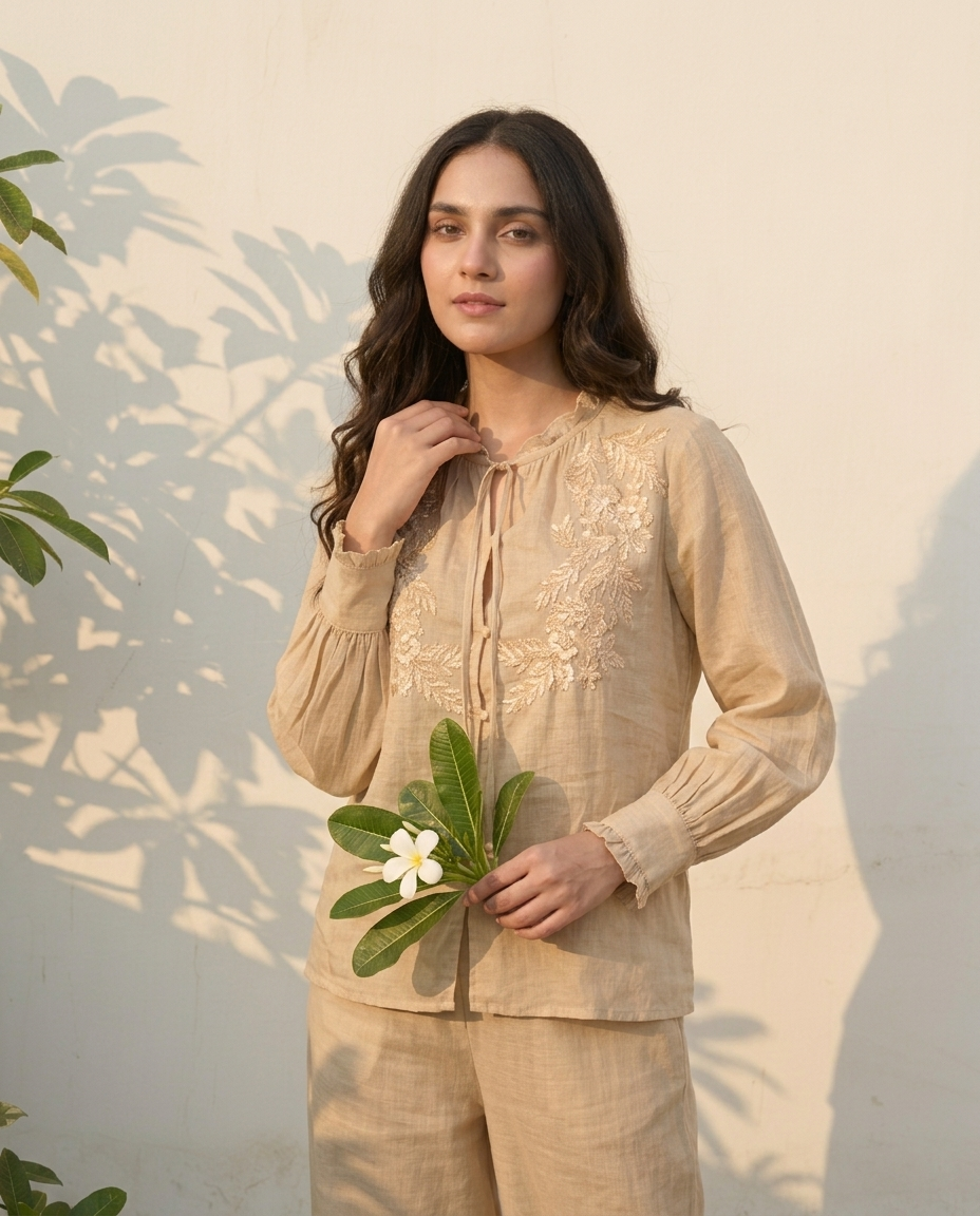 Floral Embroidered European Linen Top - Beige