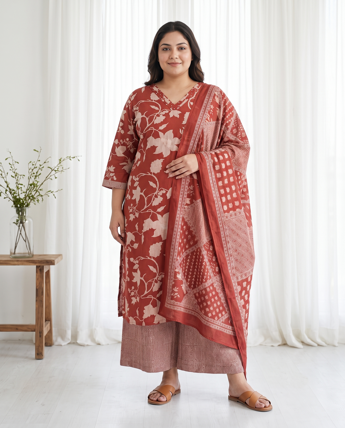 MEHER FLORAL 3 PC SET - BRICK RED