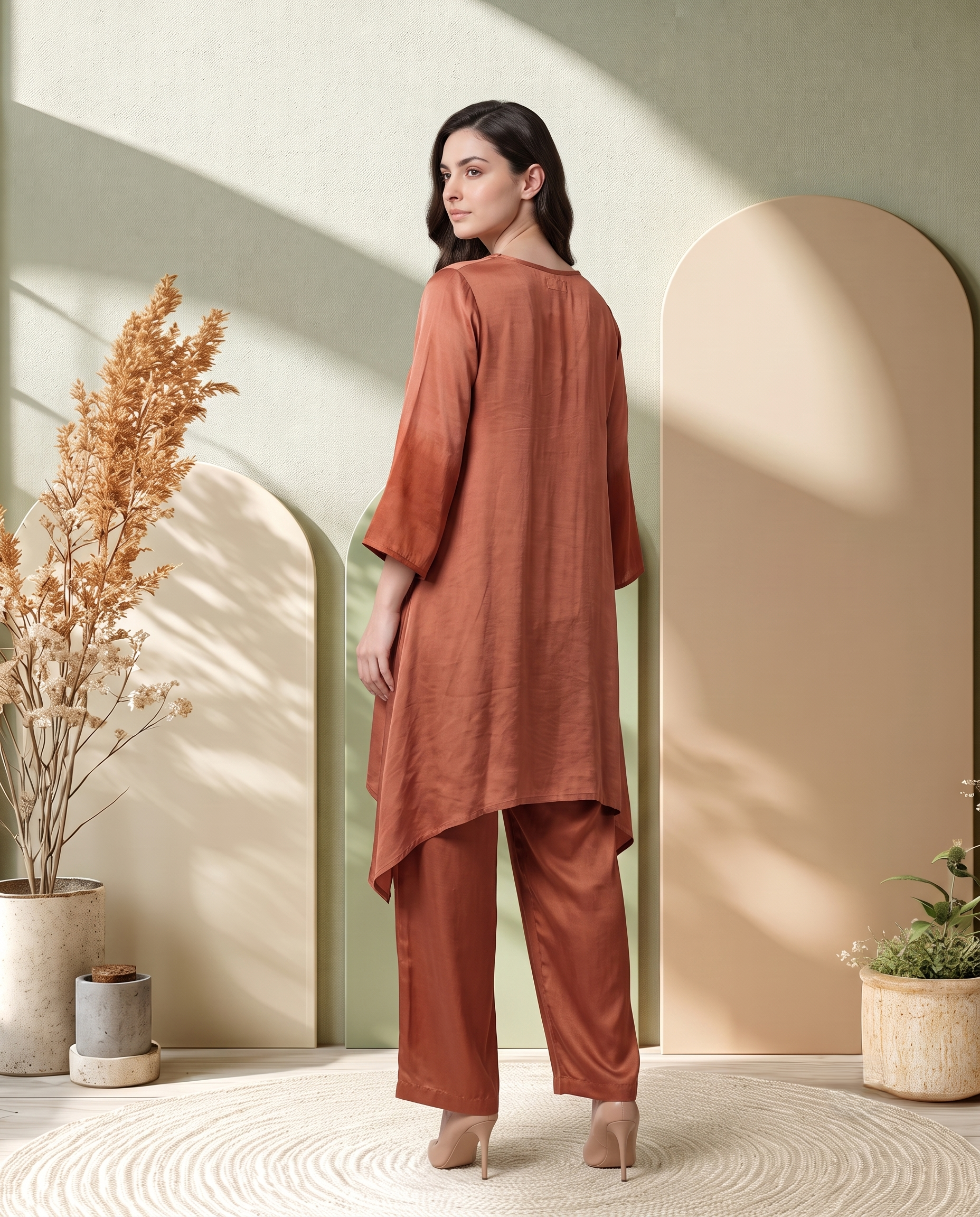 RUSSET BROWN OMBRE LUXE MODAL SILK SHORT KURTA