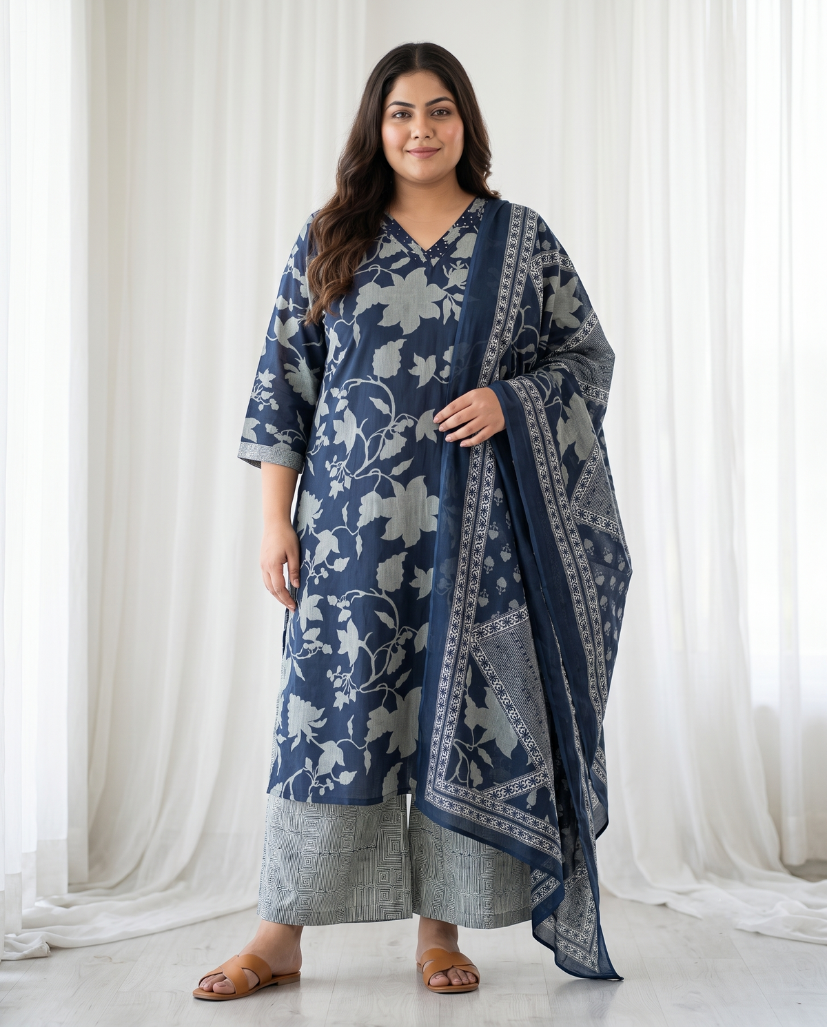MEHER FLORAL 3 PC SET - NAVY BLUE