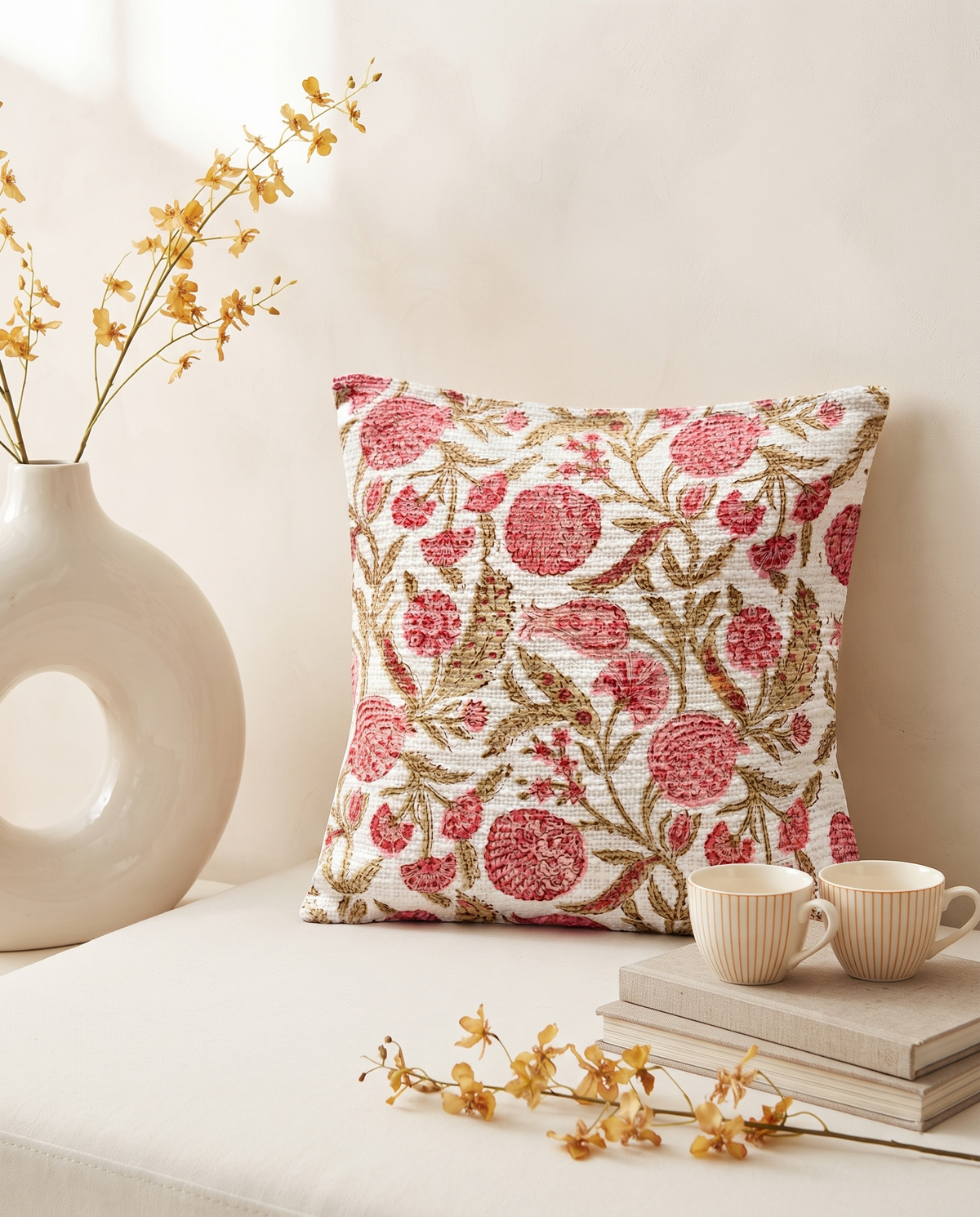 GULABI GARDEN HAND BLOCK JUTE CUSHION COVER