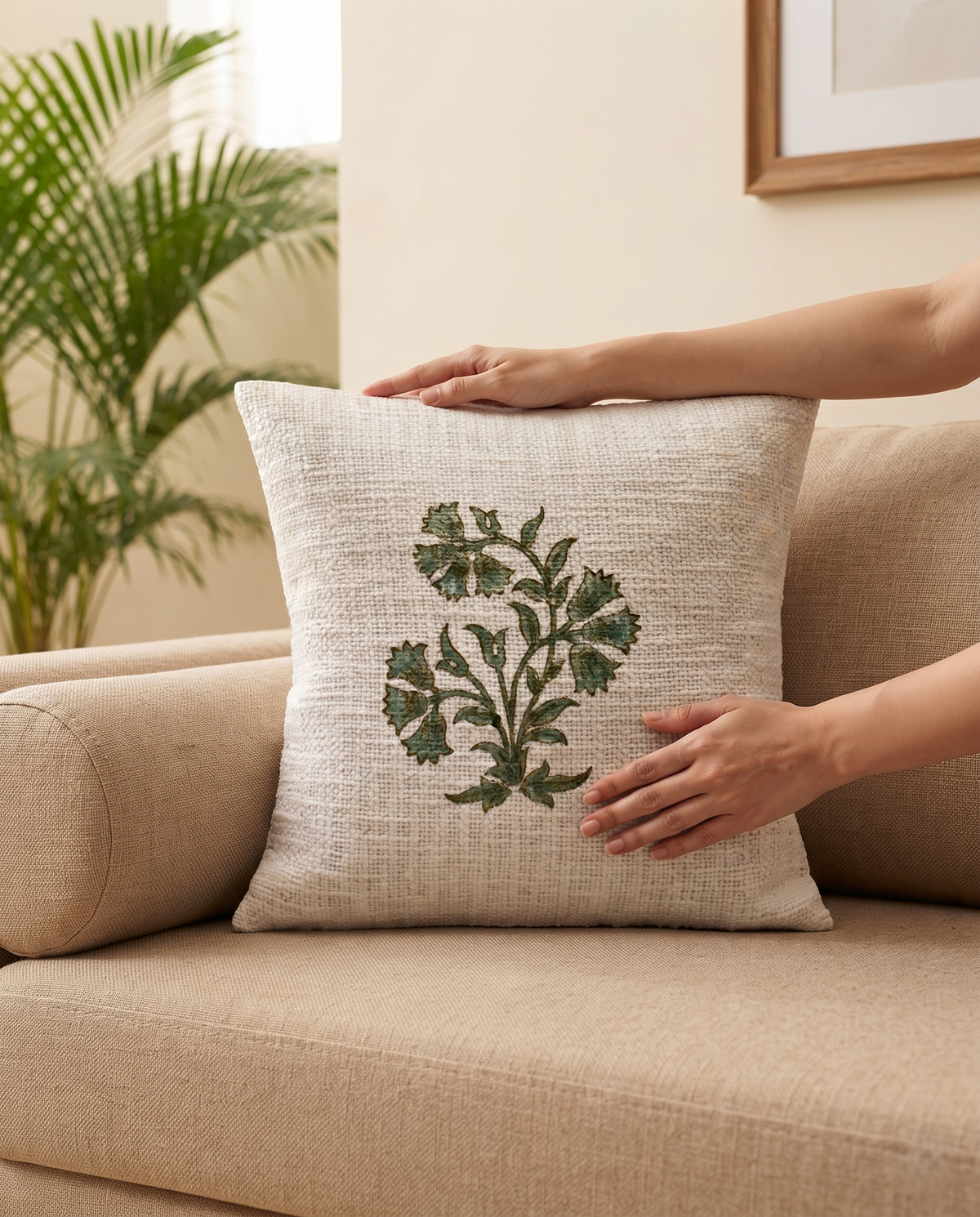 HARIYALI BOTANICAL HAND BLOCK JUTE CUSHION COVER