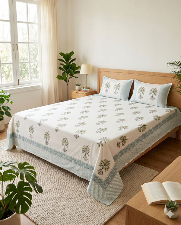The Aqua Blue Floral Tree Premium Cotton Bedsheet