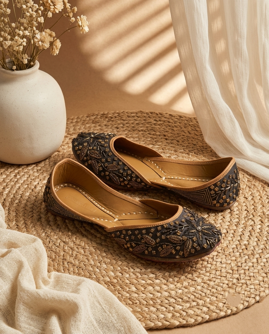Midnight Zari Bloom Pure Leather Handcrafted Jutti