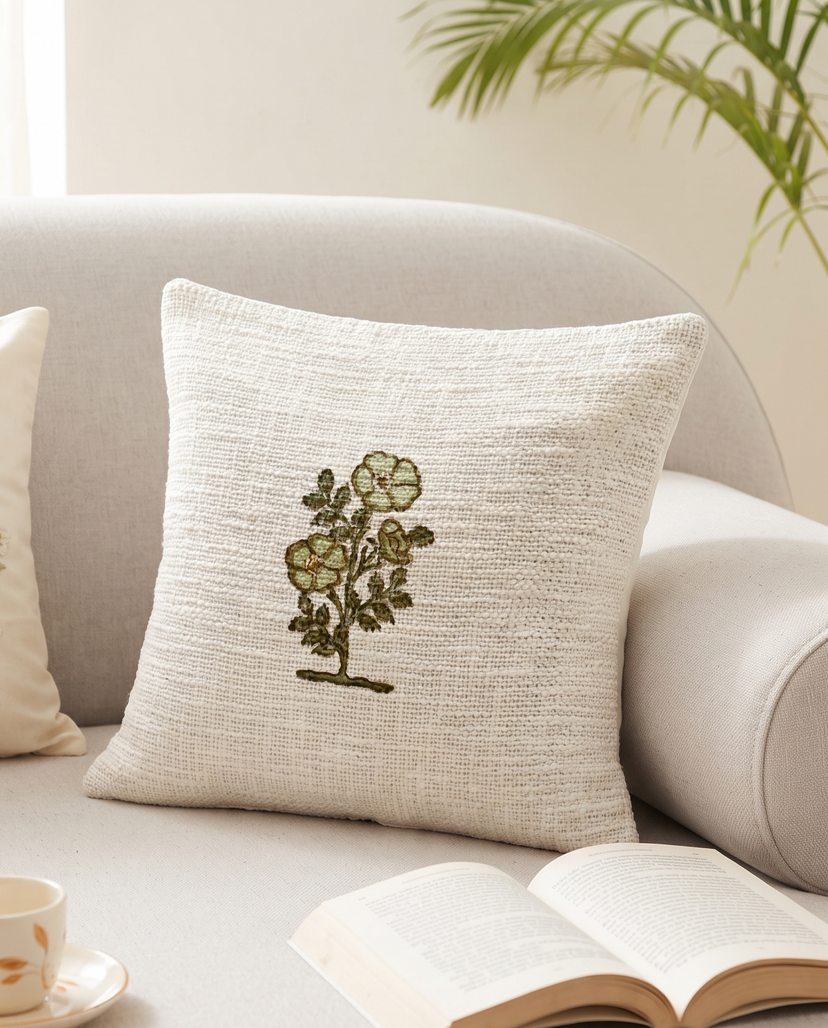 ZAITUN FLORAL HAND BLOCK JUTE CUSHION COVER