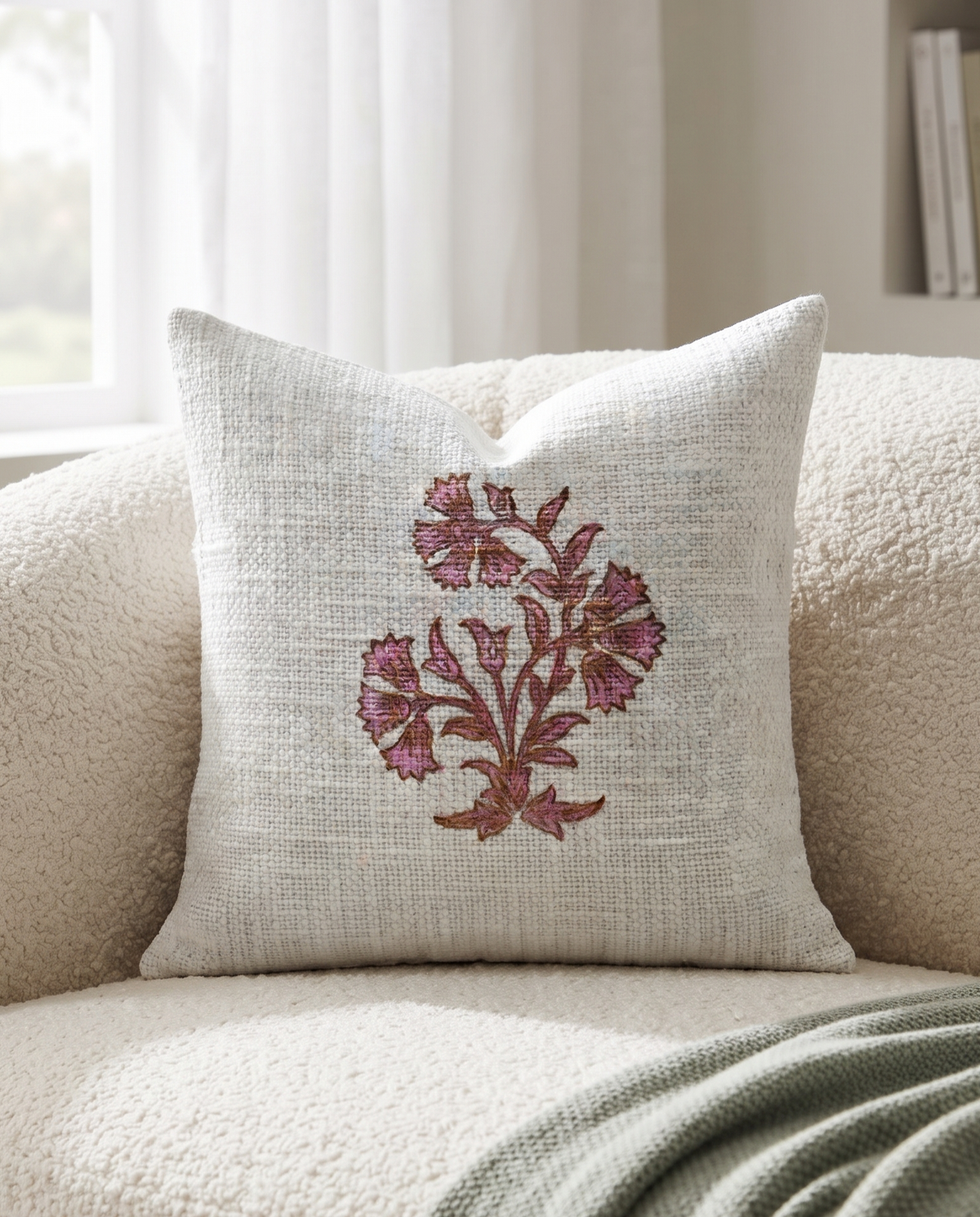 GULRANG PINK BLOSSOM HAND BLOCK JUTE CUSHION COVER