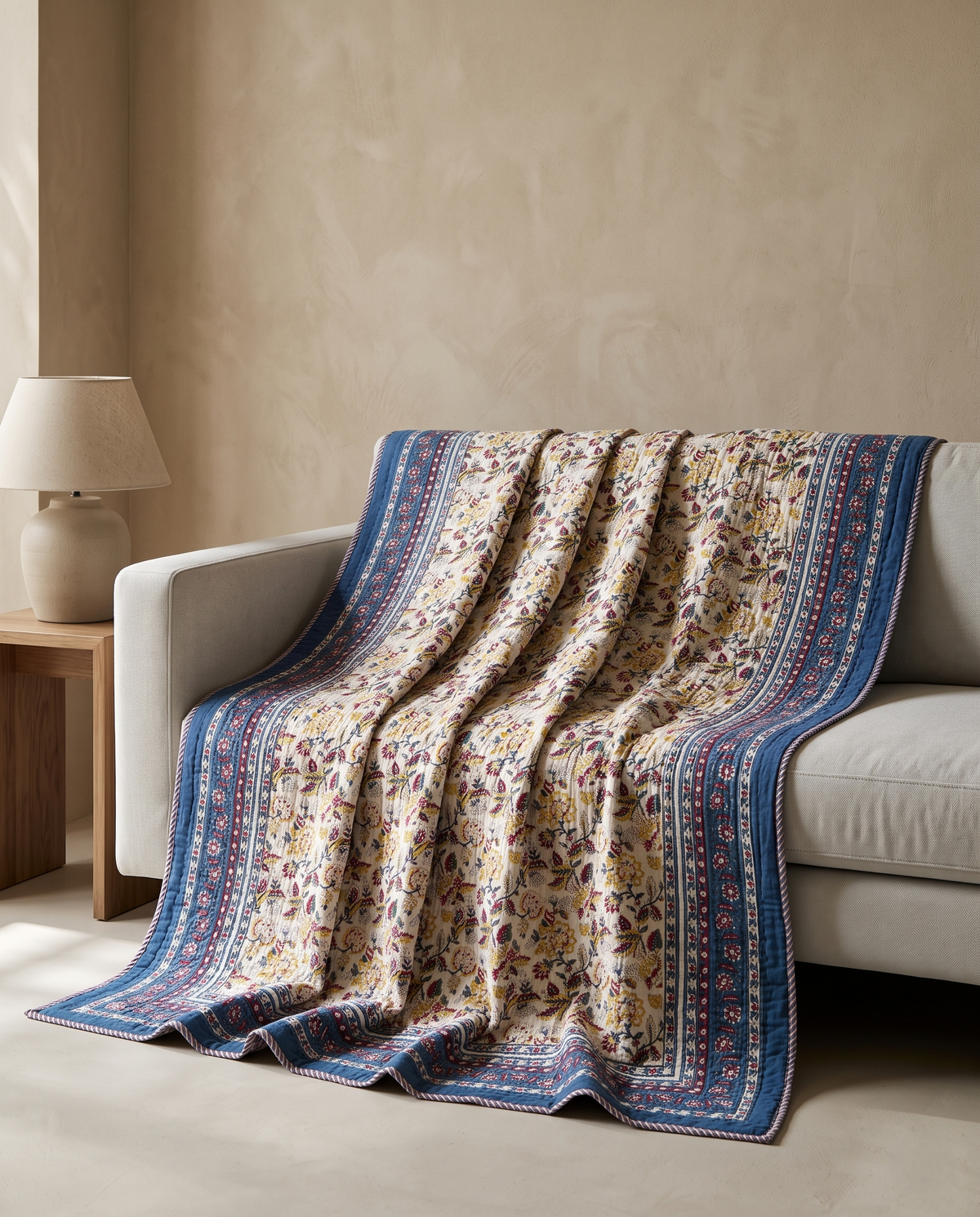 NEELRANG ROYAL BLUE FLORAL HAND BLOCK REVERSIBLE QUILT