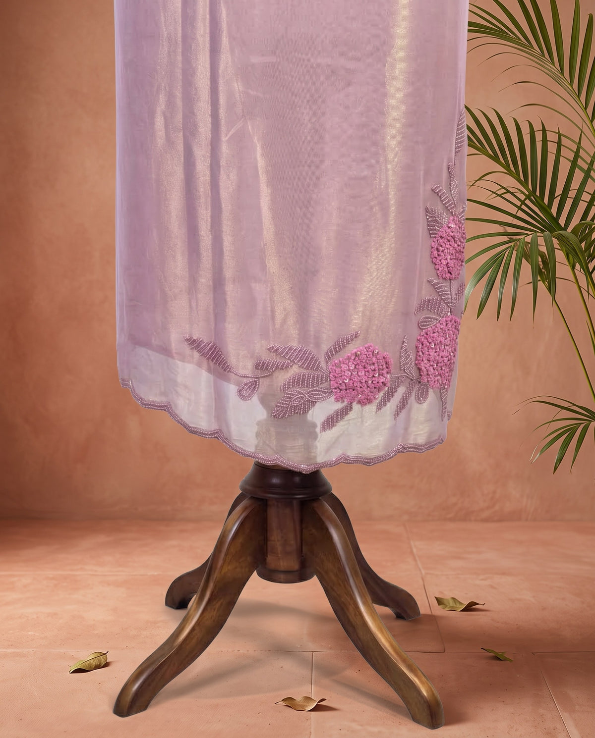 Mauve Tissue Floral Beadwork 3 PC Suit Fabric