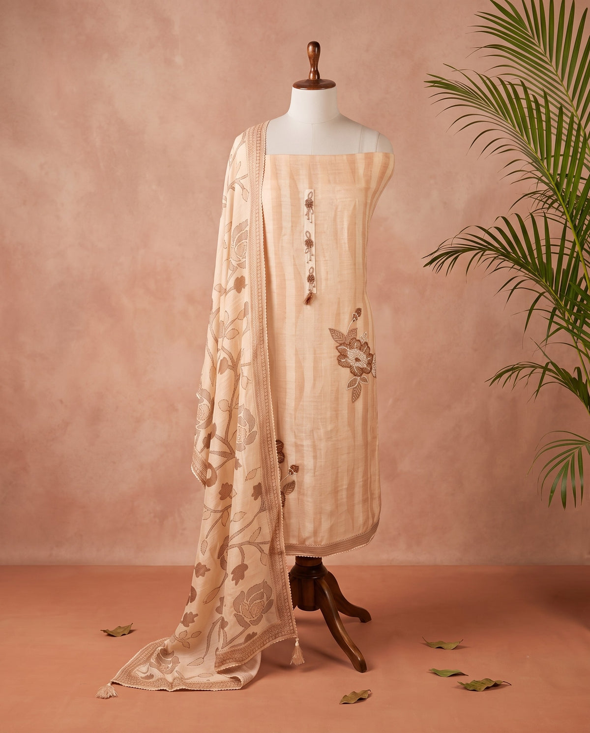 Beige Rose Applique 3 PC Suit Fabric with Jaal Dupatta