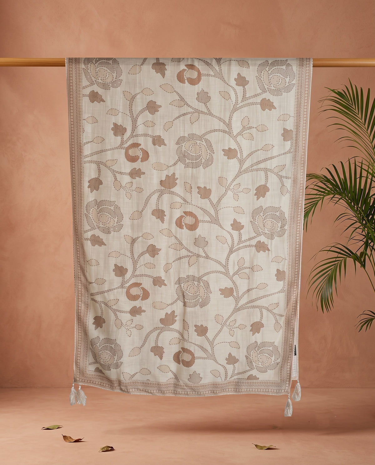 Beige Rose Applique 3 PC Suit Fabric with Jaal Dupatta