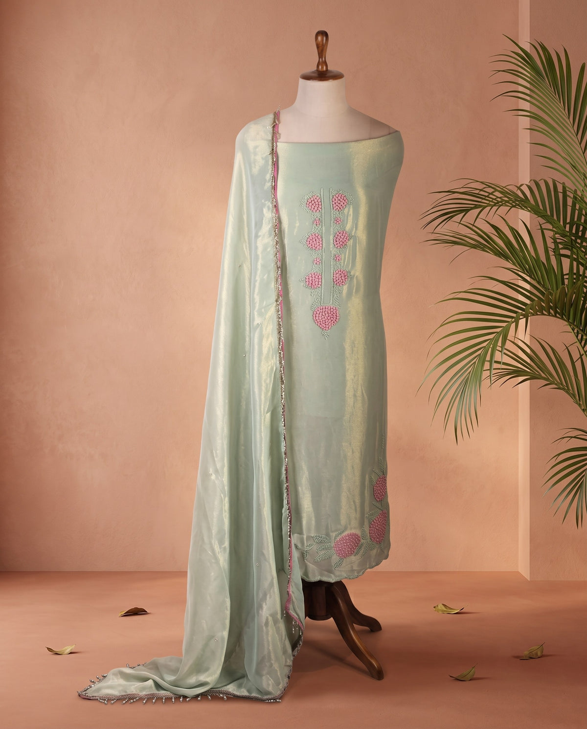 Mint Tissue Floral Beadwork 3 PC Suit Fabric