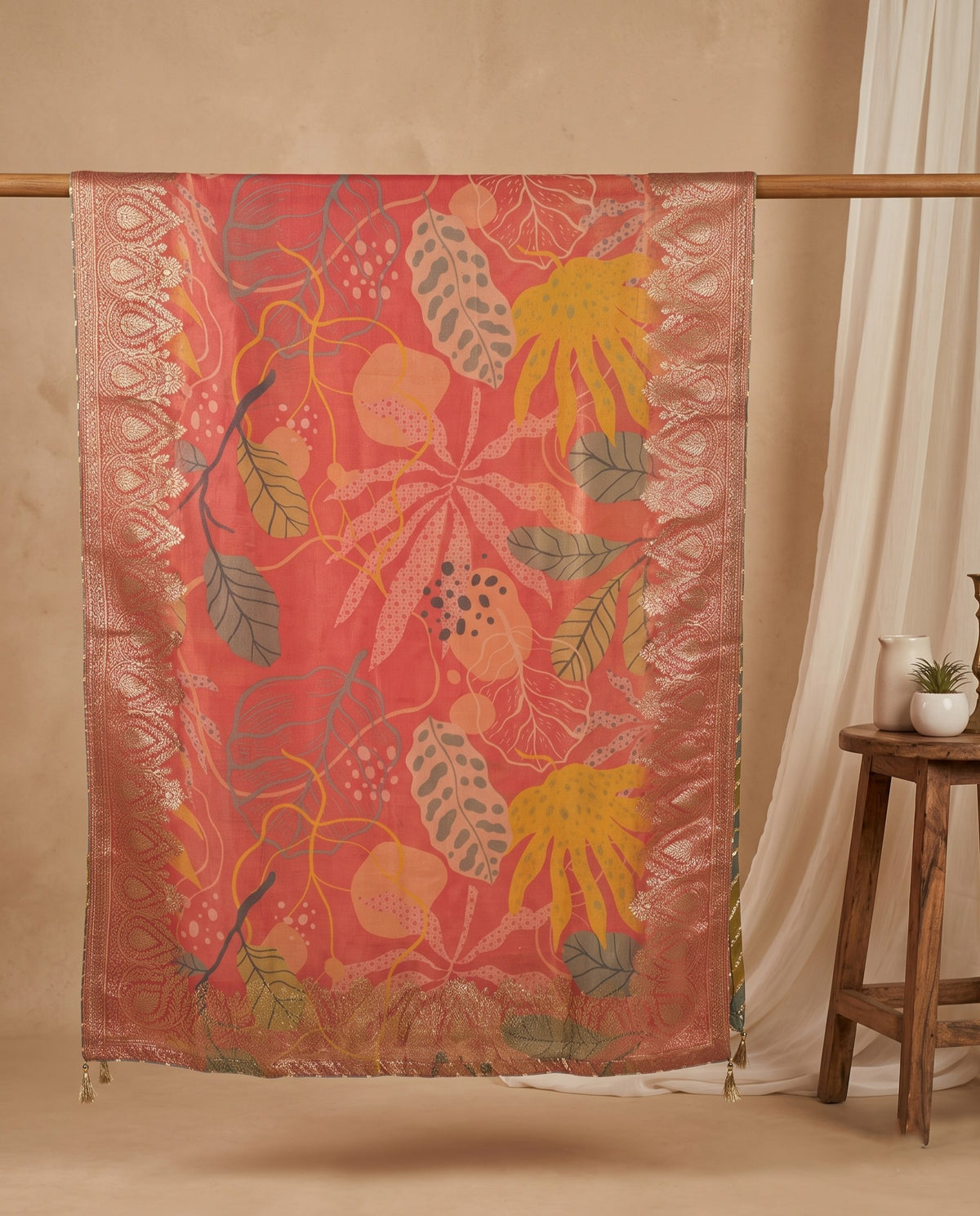 Rose Pink Embroidered Yoke 3 PC Suit Fabric with Banarasi Dupatta