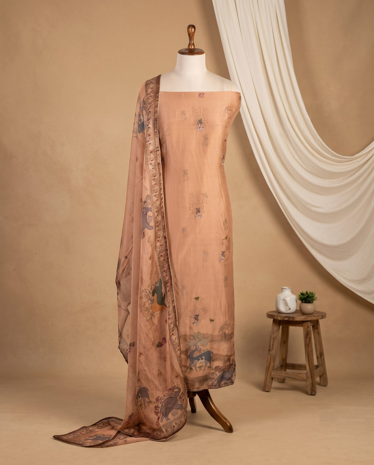 Peach Pichwai Fauna Print 3 PC Suit Fabric