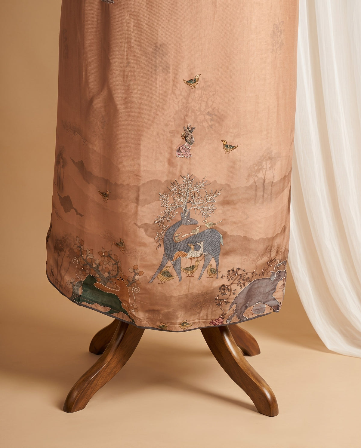 Peach Pichwai Fauna Print 3 PC Suit Fabric