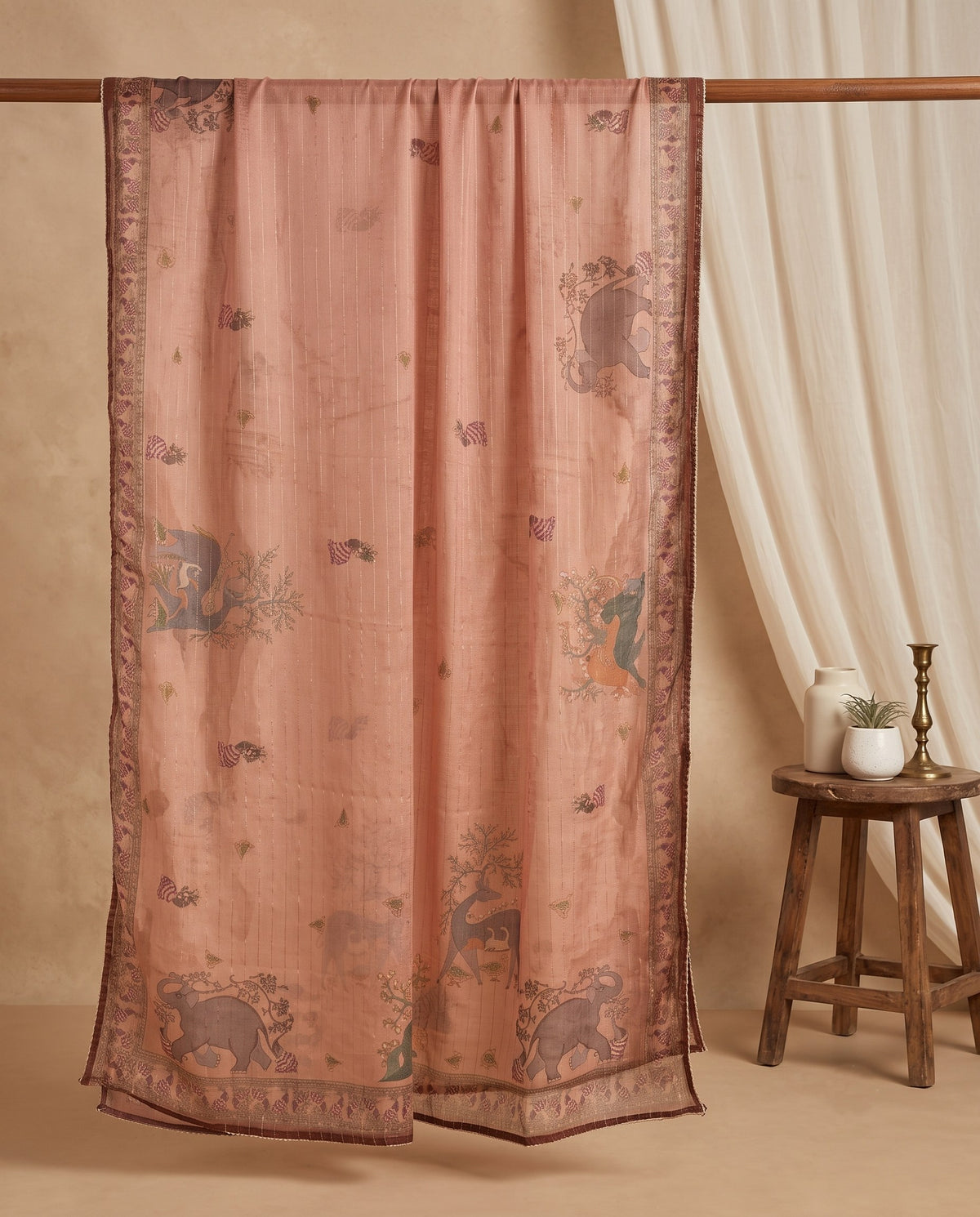 Peach Pichwai Fauna Print 3 PC Suit Fabric