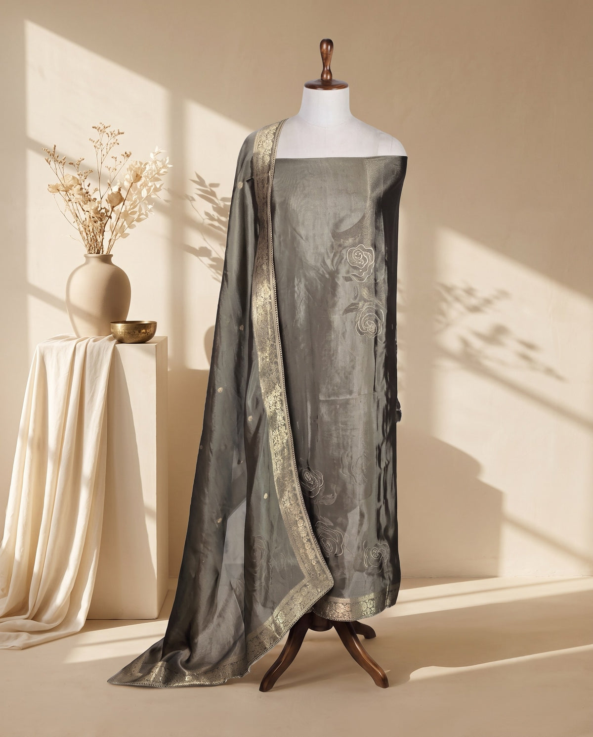 Smoke Grey Tissue Rose Embroidered 3 PC Suit Fabric