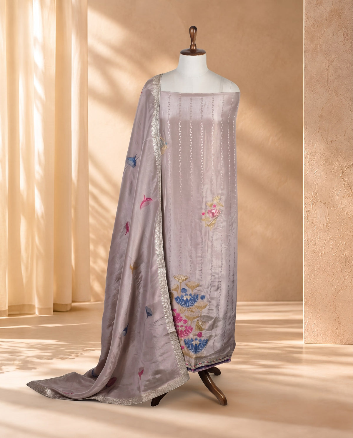 Lilac Lotus Embroidered Tissue 3 PC Suit Fabric