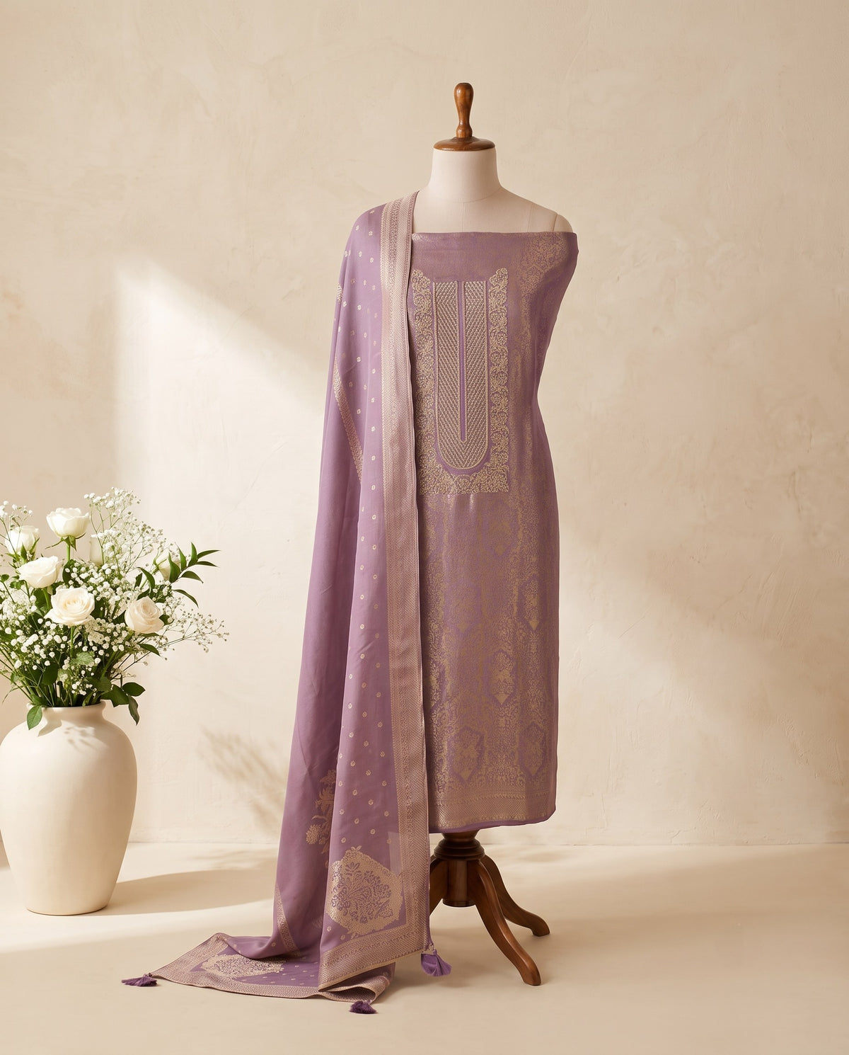 Lavender Banarasi Tissue 3 PC Suit Fabric
