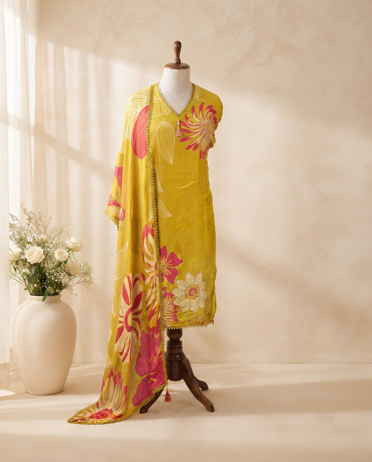 Lime Yellow Bloom Print 3 PC Suit Fabric