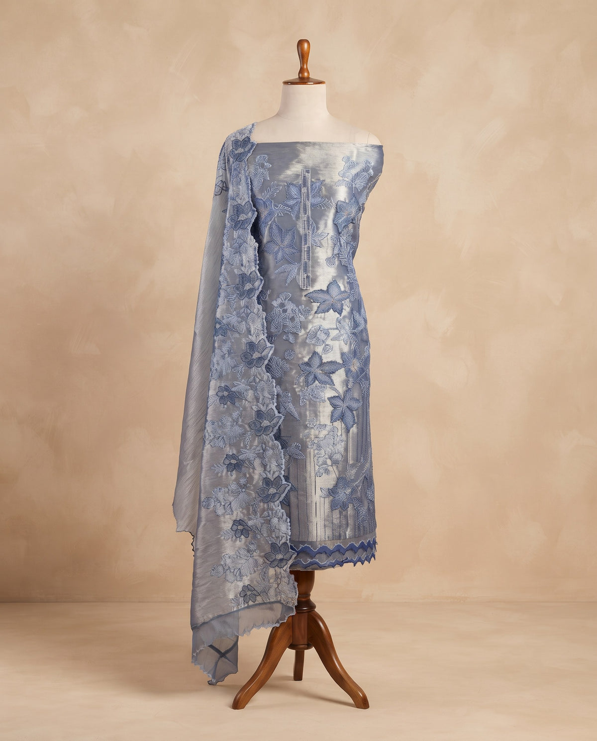Steel Blue Tissue Floral Applique 3 PC Suit Fabric