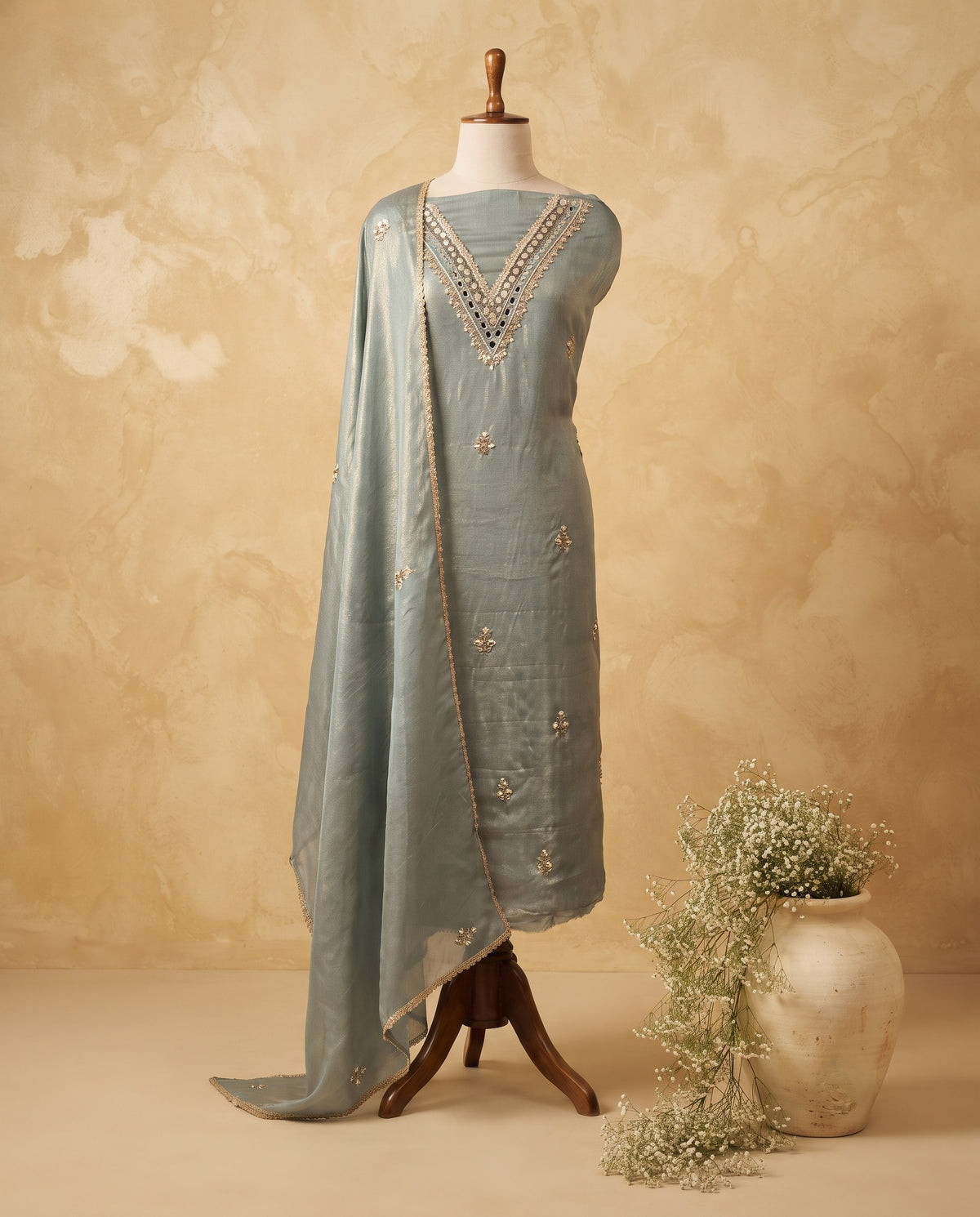 Ice Blue Tissue Gota Butti 3 PC Suit Fabric