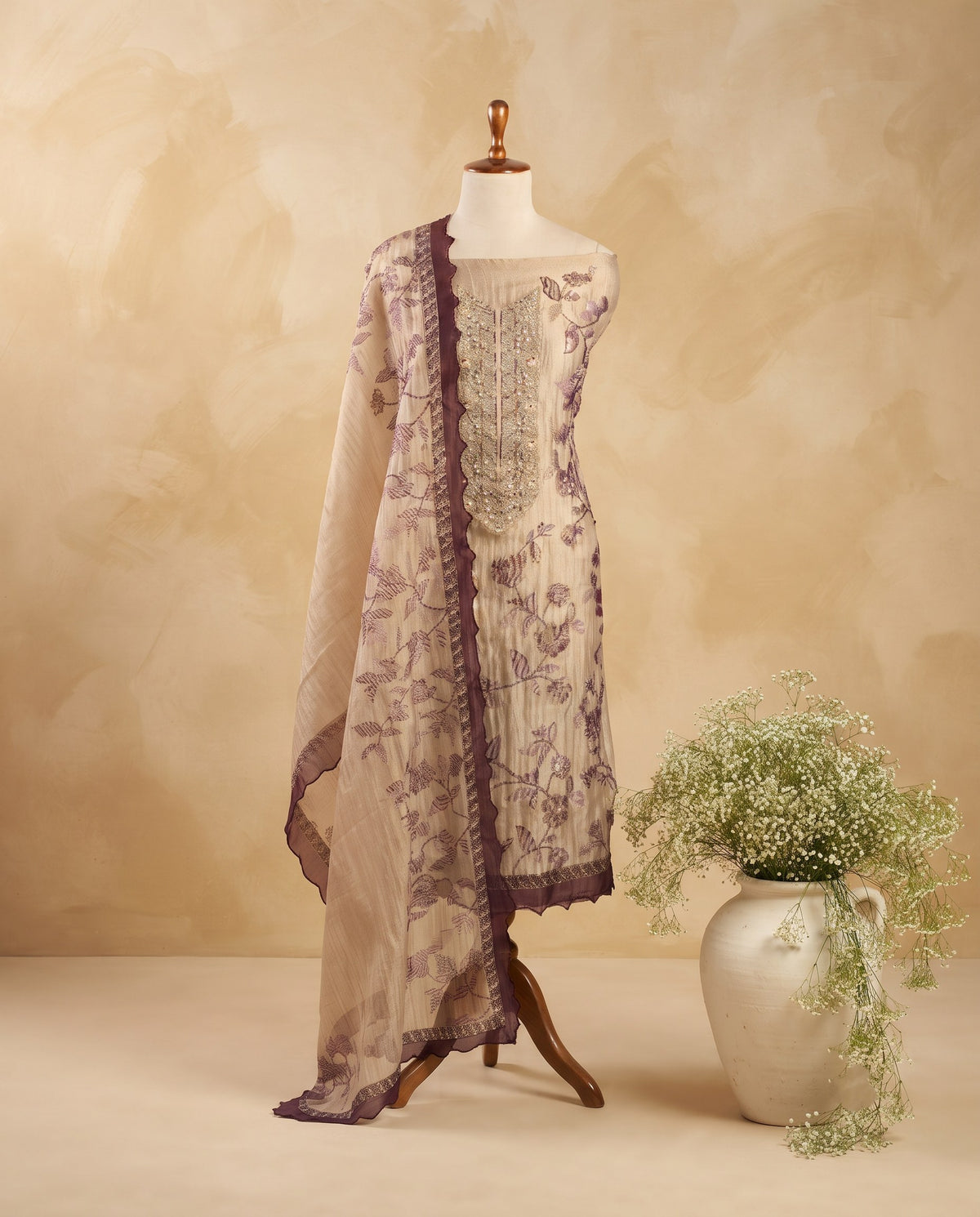 Beige Plum Floral Embroidered 3 PC Suit Fabric