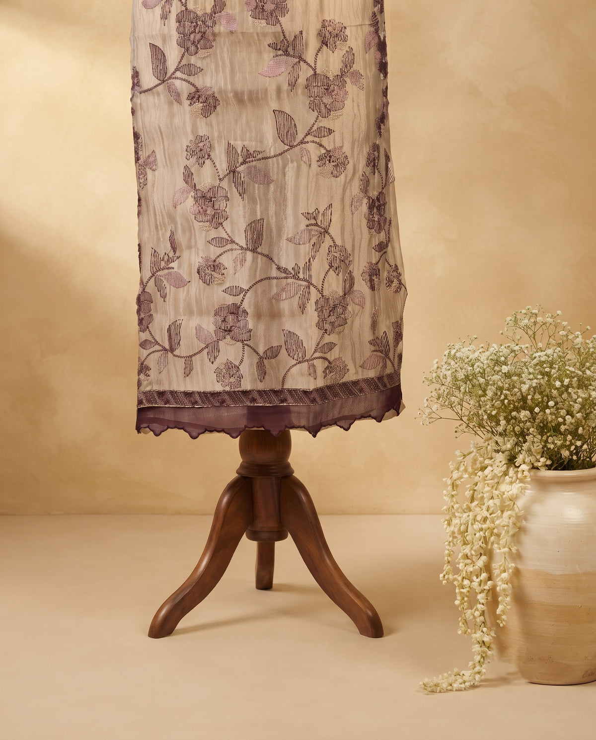 Beige Plum Floral Embroidered 3 PC Suit Fabric