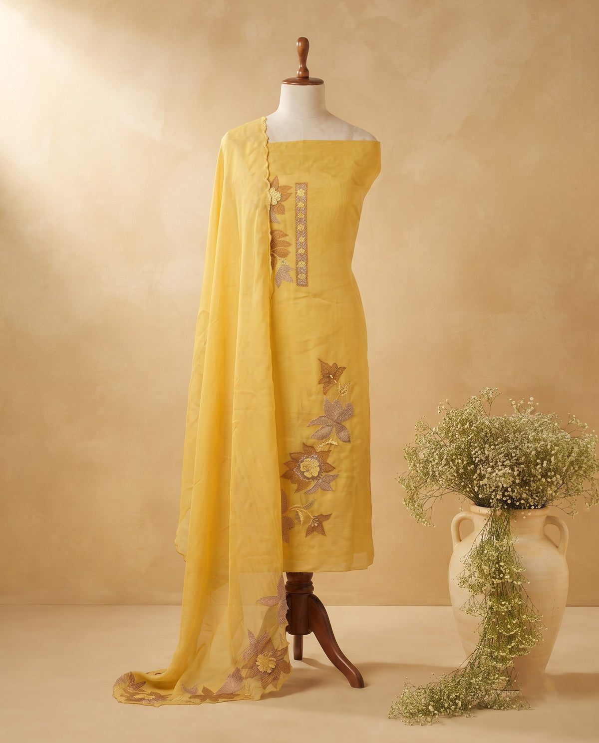 Lemon Yellow Floral Applique 3 PC Suit Fabric