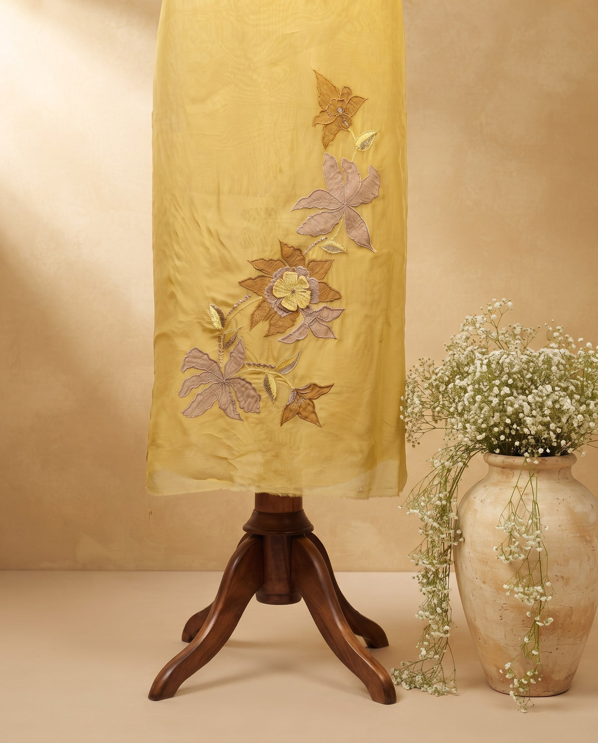 Lemon Yellow Floral Applique 3 PC Suit Fabric