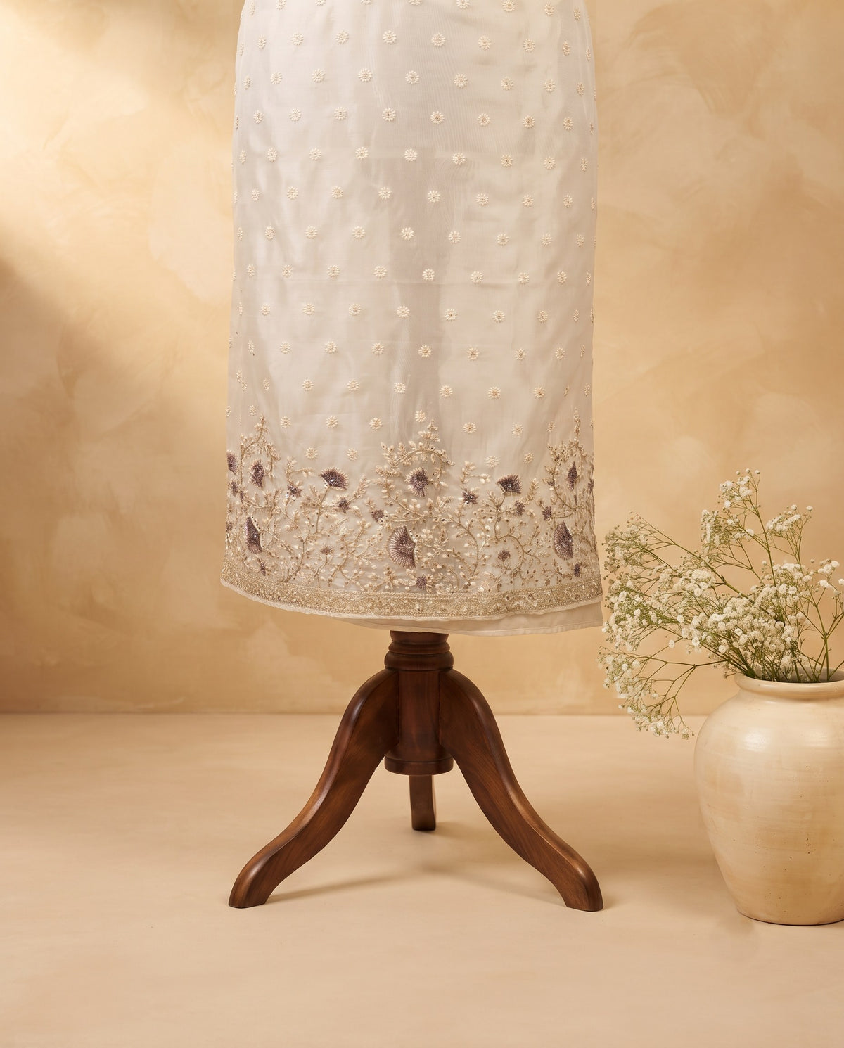 Ivory Pearl Lilac Embroidered 3 PC Suit Fabric
