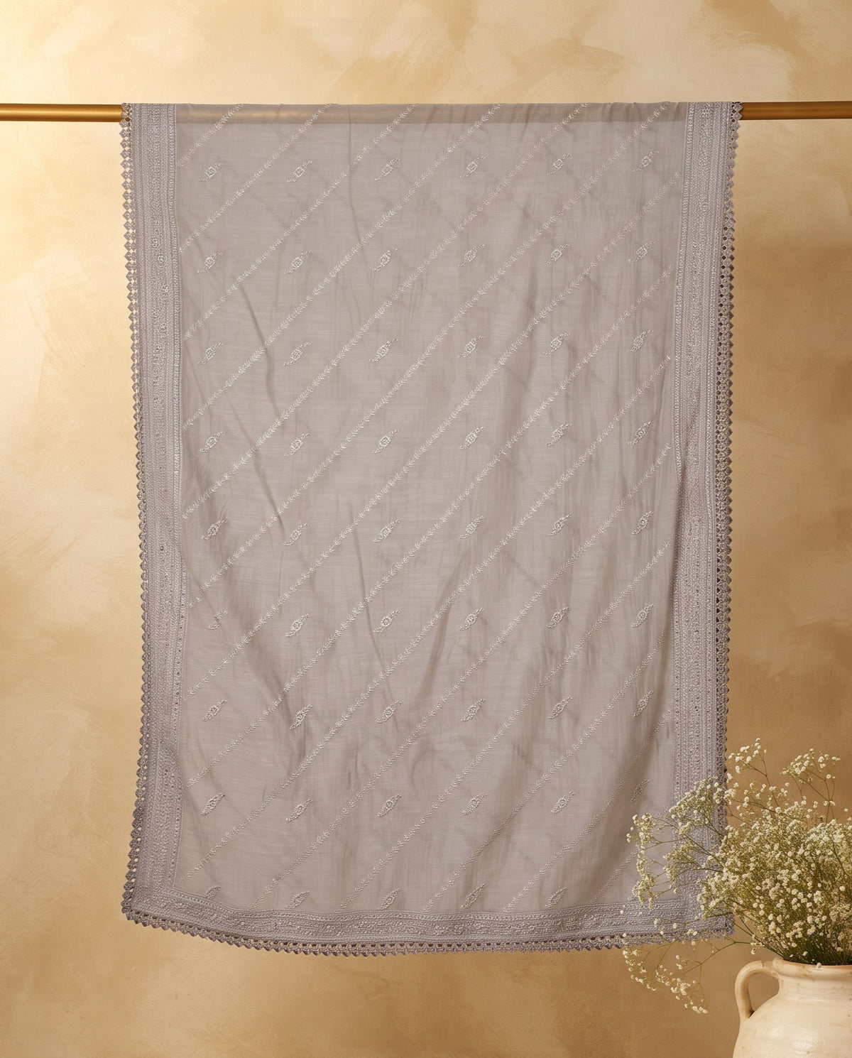 Grey Chikankari Embroidered 3 PC Suit Fabric