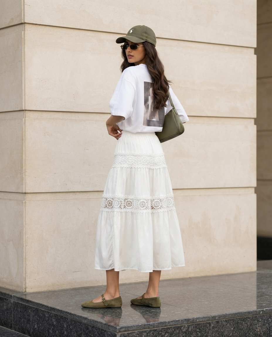 Elara Lace Tiered Skirt – Ivory White