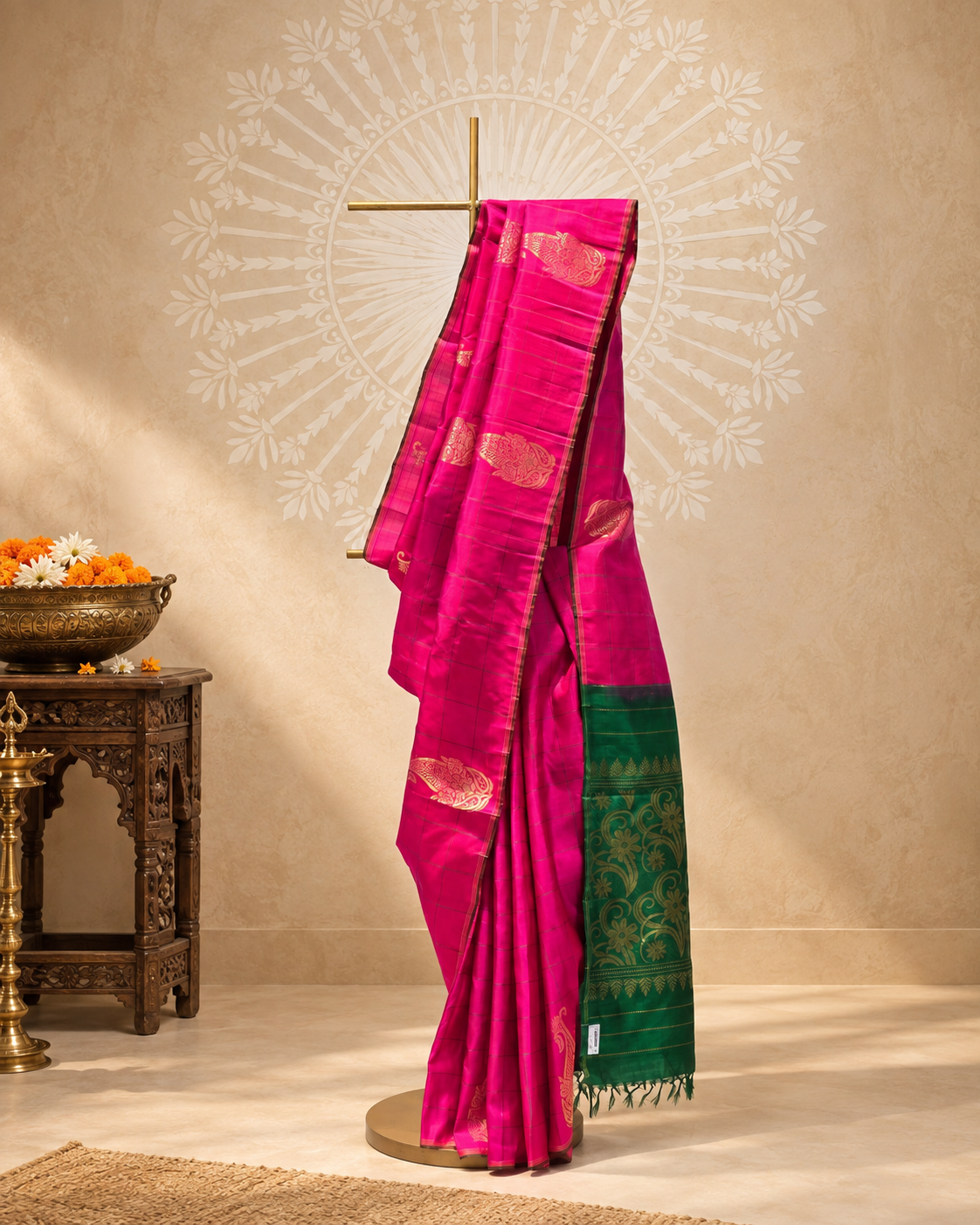 Rani Pink Green Paisley Checks Kanjivaram Saree