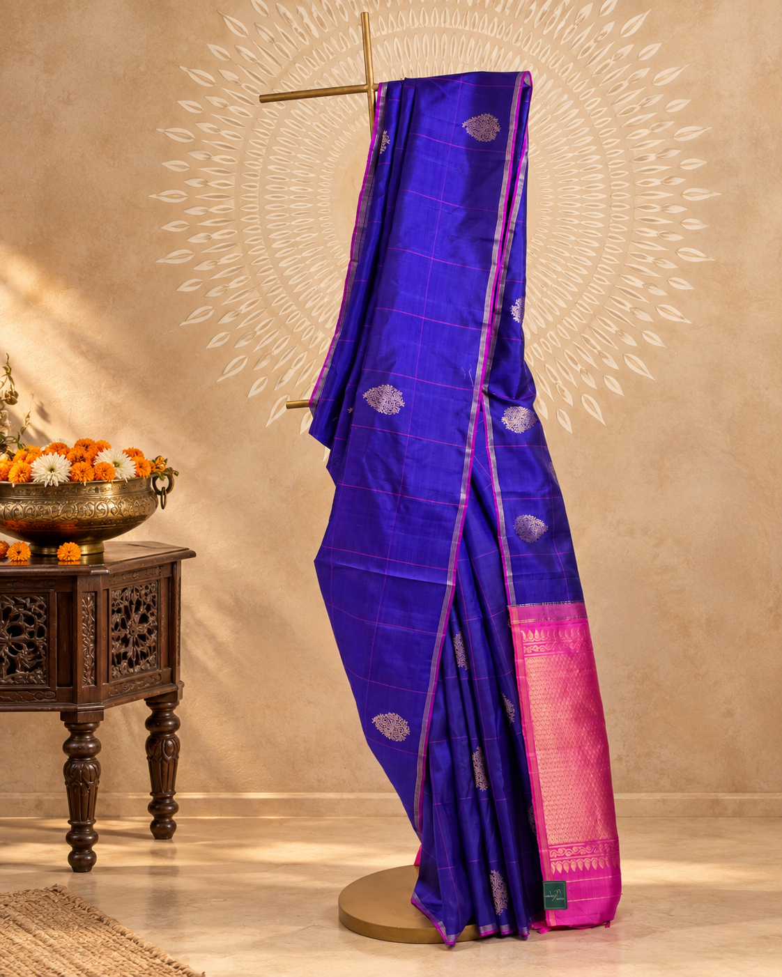 Ink Blue Magenta Checks Buta Kanjivaram Saree