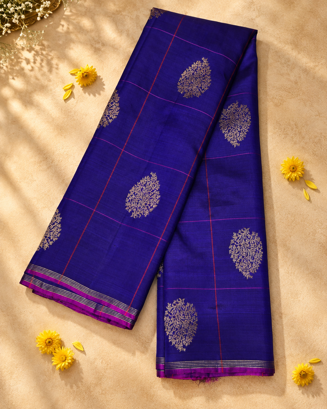Ink Blue Magenta Checks Buta Kanjivaram Saree