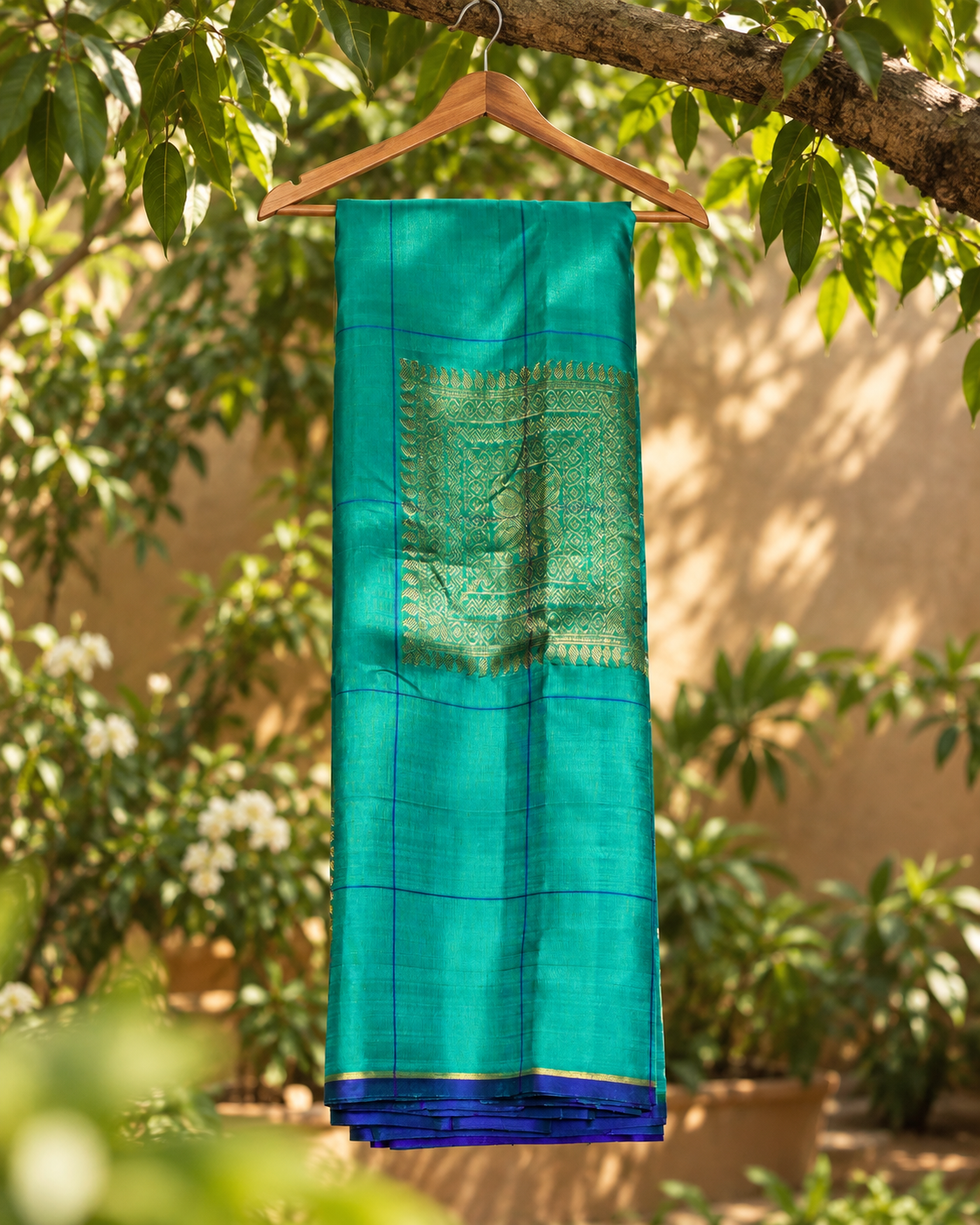 Teal Royal Blue Brocade Checks Kanjivaram Saree