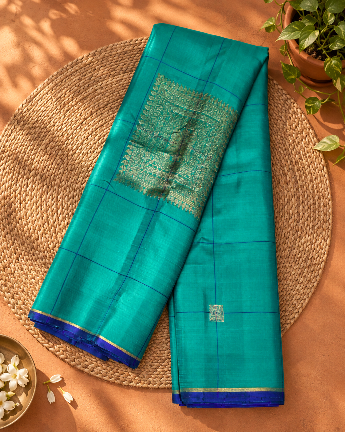 Teal Royal Blue Brocade Checks Kanjivaram Saree