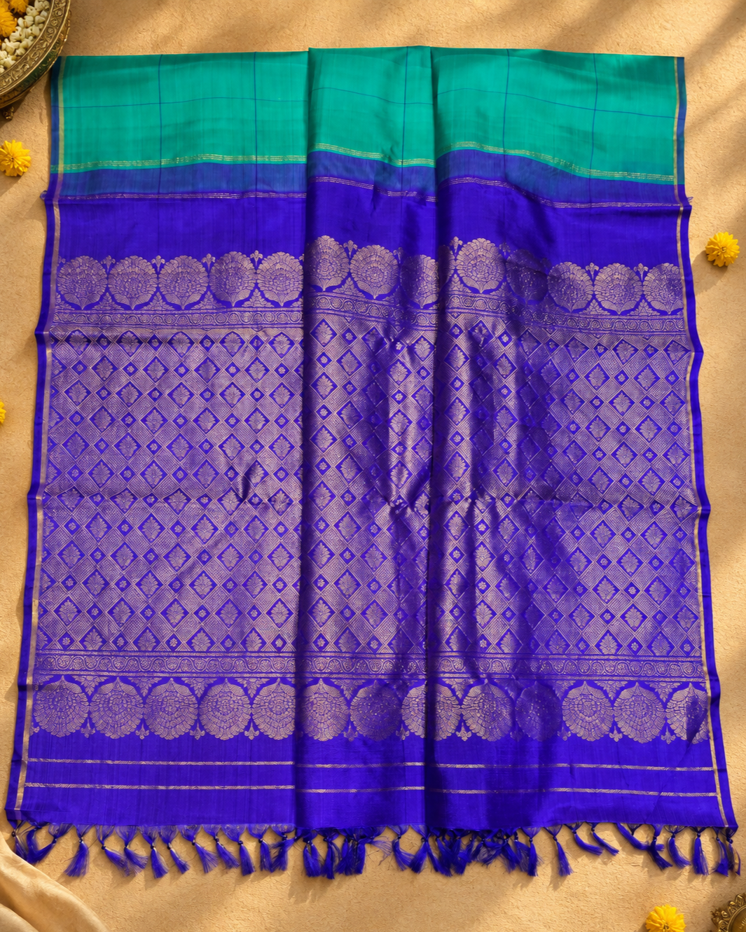 Teal Royal Blue Brocade Checks Kanjivaram Saree