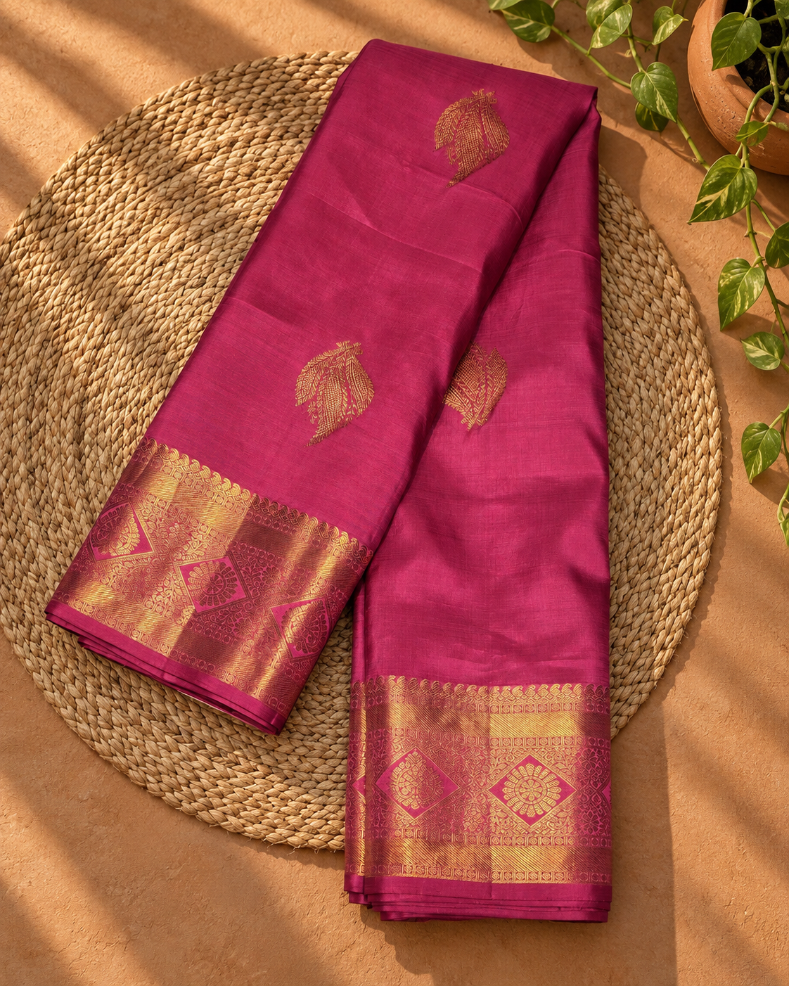 Rose Pink Gold Border Kanjivaram Saree
