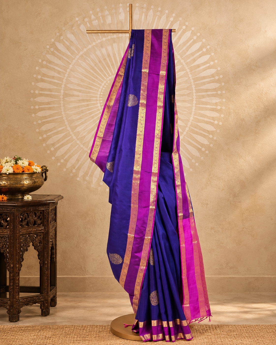 Royal Blue Magenta Paisley Zari Kanjivaram Saree