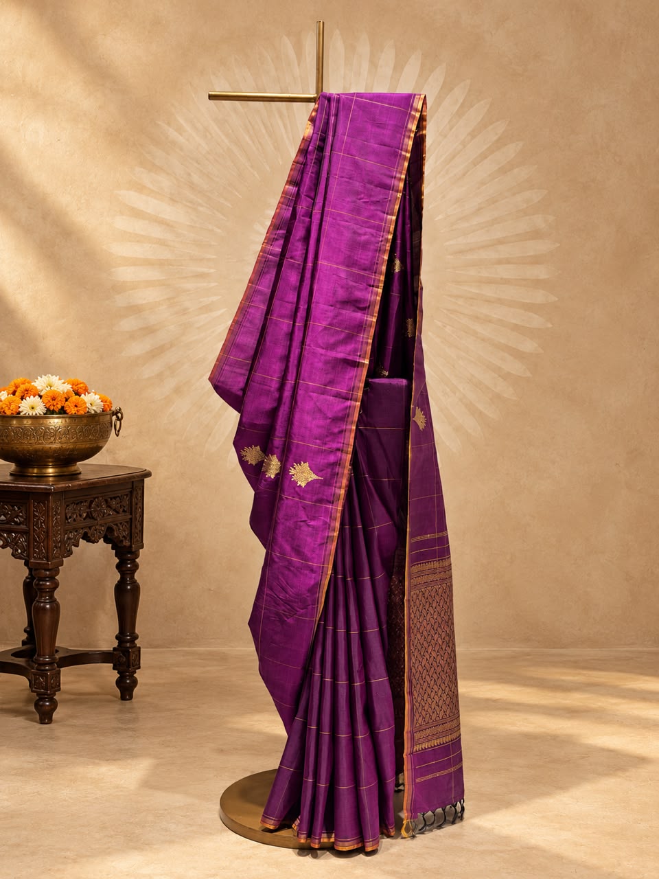 Grape Purple Gold Checks Buta Kanjivaram Saree