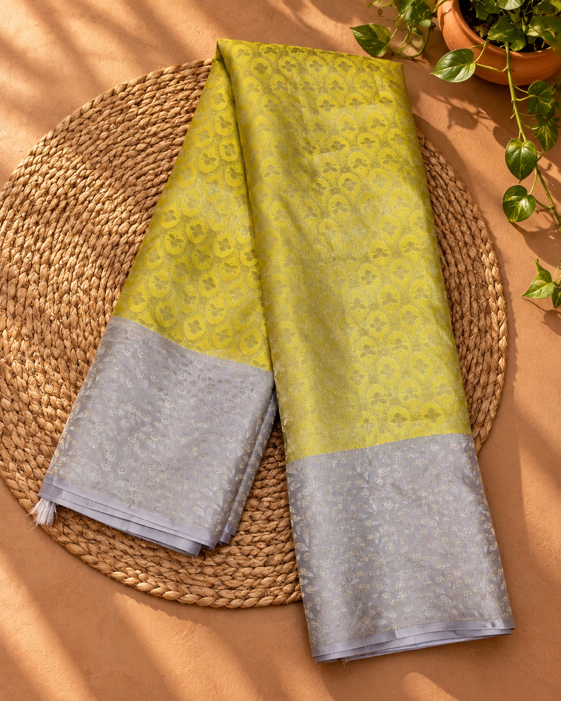 Lime Yellow Grey Brocade Kanjivaram Saree