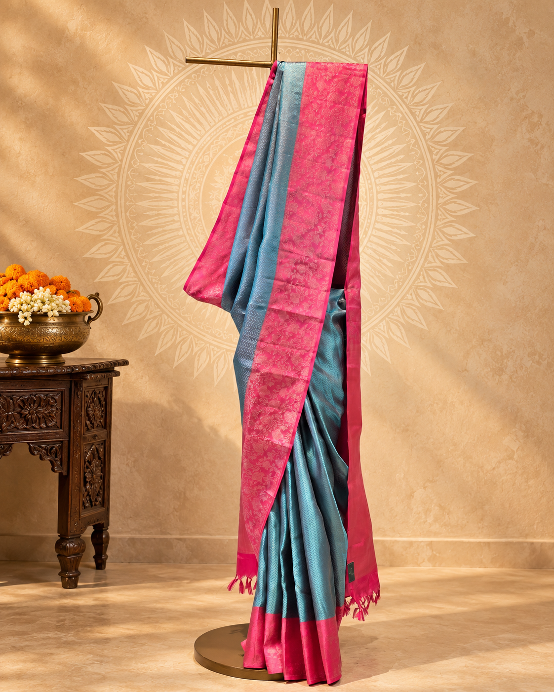 Steel Blue Rani Pink Floral Kanjivaram Saree