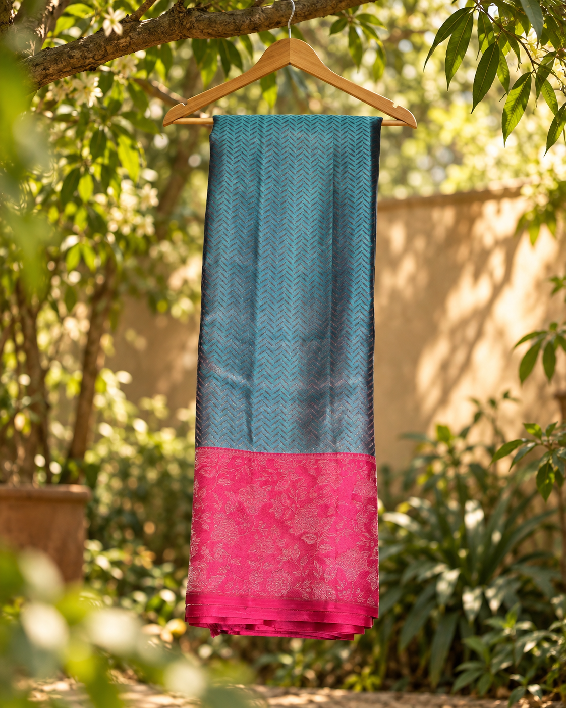 Steel Blue Rani Pink Floral Kanjivaram Saree