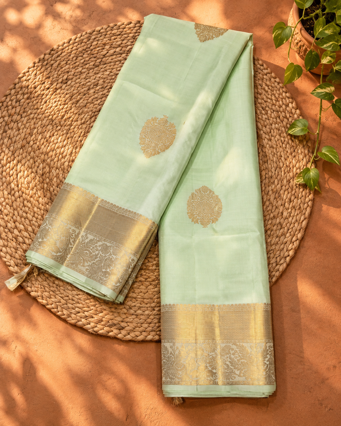 Mint Ivory Floral Zari Kanjivaram Saree