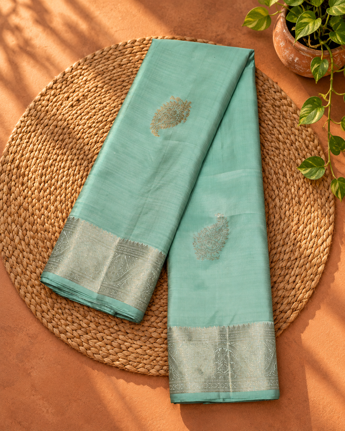 Mint Green Paisley Zari Kanjivaram Saree