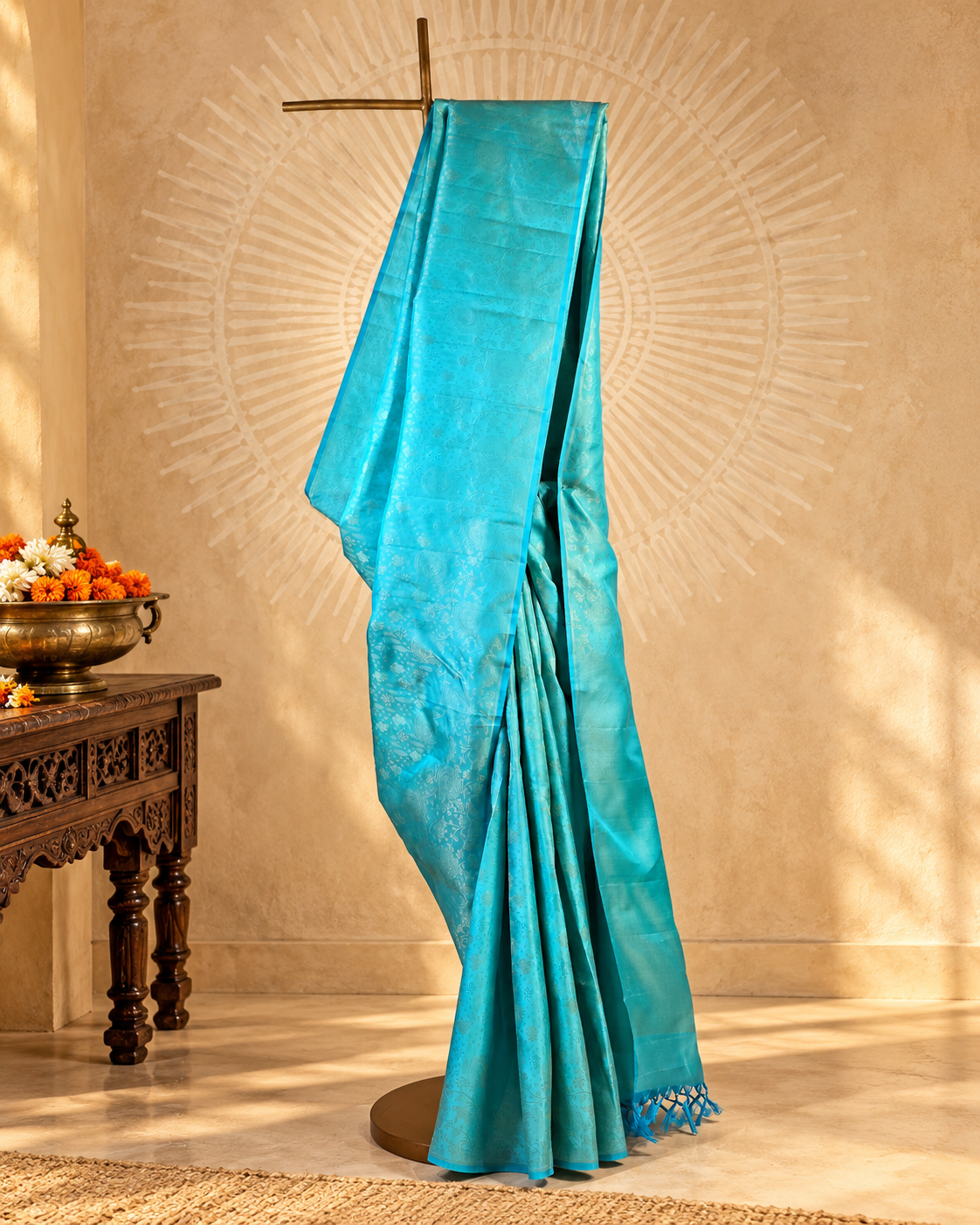 Turquoise Floral Zari Kanjivaram Saree