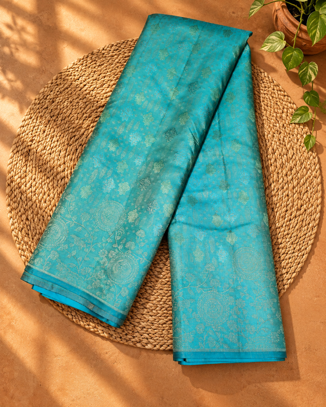 Turquoise Floral Zari Kanjivaram Saree