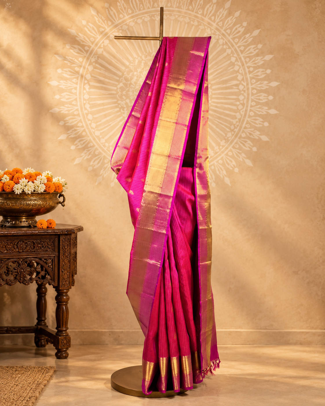 Magenta Gold Leaf Kanjivaram Saree